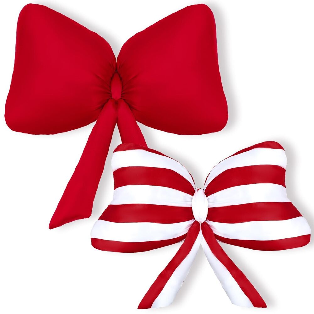4111 2 Pcs Big Bow Throw Pillow Bow Shaped Decorations Red White Striped
